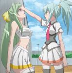 2_girls against_wall angry anime arm arms bare_shoulders battle big_breasts breasts clenched_teeth closed_eyes eye_contact female fight green_eyes head_grab honoka_kawai itsuki_kannagi kannagi_itsuki kawai_honoka legs light_blue_hair light_green_hair long_hair looking_at_another midriff multiple_girls mutsumi_shimoyama navel neck_tie open_mouth ponytail purple_eyes sarashi serious shimoyama_mutsumi skirt sora_o_kakeru_shoujo sora_wo_kakeru_shoujo standing stockings teeth