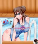 big_breasts blue_eyes breasts brown_hair mei_(pokemon) one-piece_swimsuit pokemon pokemon_(game) pokemon_bw2 pool swimsuit tentacool twin_tails war-off-evil wet