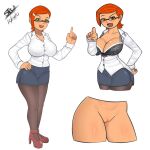 ben_10 big_ass big_breasts bra cartoon_network cleavage cosplay glasses green_eyes gwen_tennyson high_heels megane multiple_images orange_hair presenting pussy pussy sexually_suggestive short_skirt smile steca stockings teacher teacher_outfit thelazyart thick_ass thick_thighs white_background