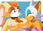  1girl 2_girls absurd_res aerth anthro bat blue_eyes blue_eyeshadow breasts brown_eyes duo erect_nipples eyelashes female/female lipstick long_ears looking_pleasured mature_female milf nipple_suck nipples nude rabbit rouge_the_bat seductive sega signature simple_background sonic_the_hedgehog_(series) sucking topless vanilla_the_rabbit yuri 