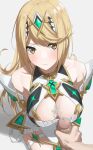  1boy 1girl alluring bangs bare_shoulders big_breasts blonde_hair blush chest_jewel cleavage cleavage_cutout clothing_cutout cum cum_on_body cum_on_breasts dress earrings elbow_gloves gem gloves headpiece high_res jewelry kaminari_doon_(artist) kneel long_hair looking_at_viewer masturbation mythra nintendo penis short_dress straight swept_bangs tiara white_dress white_gloves xenoblade_(series) xenoblade_chronicles_2 yellow_eyes 