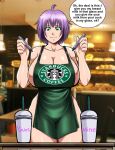 apron big_ass big_breasts green_apron huge_breasts iced_latte_with_breast_milk naked_apron no_bra no_panties purple_hair starbucks_breastmilk_meme yukino_akaihi yukino_memories zel-sama