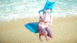  1girl 3d animal_ears animal_humanoid beach beach_background black_eyebrows blue_eyes blue_hair blue_hair_female blue_lips blue_lipstick blue_tail eyeshadow face_tattoo fox_ears fox_girl fox_humanoid fox_tail make_up makeup naked_female neekumari nude nude_female riaykuras_playground tail tattoo tattoo_on_face white_nails 