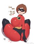 1girl 1girl 1girl ass big_ass big_ass big_breasts black_gloves blush bob_cut bodysuit breasts brown_eyebrows brown_eyes brown_hair clothed_female crowgod curvy dat_ass disney elastigirl eye_mask gloves helen_parr huge_breasts looking_at_viewer looking_back pixar short_hair skin_tight skintight_bodysuit smile solo_female superheroine tagme text the_incredibles white_background