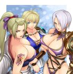  3_girls ahoge arm_tattoo asymmetrical_clothes asymmetrical_gloves big_breasts blonde_hair blue_eyes breasts cleavage clothed_female earrings female_focus female_only gauntlet hair_over_one_eye ibanen isabella_valentine kimono long_hair looking_at_viewer mature mature_female pauldrons ponytail project_soul purple_bra purple_lingerie purple_thong setsuka short_hair skimpy sophitia_alexandra soul_calibur soul_calibur_ii soul_calibur_iii soul_calibur_iv soul_calibur_v soul_calibur_vi straps tattoo_on_arm under_boob video_game_character video_game_franchise white_hair white_skirt 