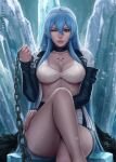  1girl 1girl 1girl akame_ga_kill! blue_eyes blue_hair blush chest_tattoo crossed_legs curvaceous curvy esdeath female_only high_res high_resolution huge_breasts human ice leash long_hair looking_at_viewer sciamano240 seductive seductive_smile sitting solo_female thick_thighs 