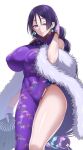 1girl 1girl 2021 big_breasts breasts china_dress clothed_female fan fate/grand_order fate_(series) female_focus huge_breasts long_hair looking_at_viewer mature mature_female minamoto_no_raikou_(fate/grand_order) neneko113 puffy_nipples purple_dress purple_eyes purple_hair smile solo_female solo_focus tagme video_game_character video_game_franchise