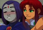  1girl 2_girls biting_lip blush clothed dc_comics female_only freckles green_eyes green_skin implied_fingering orange_skin purple_hair raven_(dc) red_hair redraw starfire teen_titans triplexmile yuri zone 