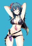 1girl 1girl 1girl alluring arms_behind_head arms_up big_breasts bikini black_bikini black_swimsuit blue_eyes blush byleth_(fire_emblem) byleth_(fire_emblem)_(female) byleth_(summer)_(fire_emblem)_(female) cape daive fire_emblem fire_emblem:_three_houses fire_emblem_heroes flower flower_in_hair knife long_hair looking_at_viewer nintendo open_mouth red_flower sideboob swimsuit teal_hair