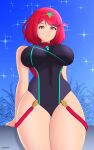  1girl alluring bare_legs big_breasts bikini heroine lackatask nintendo one-piece_bikini pin_up pyra red_eyes red_hair swimsuit tagme thick_thighs xenoblade_(series) xenoblade_chronicles_2 