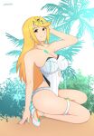  1girl alluring amber_eyes big_breasts bikini blonde_hair breasts choker earrings female_only grin hair_ornament heroine lackatask long_hair mythra nintendo one-piece_bikini one-piece_swimsuit outside palm_tree pin_up pose sand solo_female tagme thigh_strap thighs xenoblade_(series) xenoblade_chronicles_2 