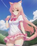 1girl amber_eyes aphmau_(youtuber) blush blushing_at_viewer bow bow_tie bowtie breasts cat_ears cat_girl cat_tail cuffs cute female_focus female_only grin hair_blowing kawaii kawaii_chan leggings lim3n_ai long_hair looking_at_viewer medium_breasts orange_eyes outside pink_bow pink_hair pink_legwear pink_skirt skirt small_breasts smile smiling_at_viewer thick_thighs white_shirt wind youtube