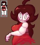 animatronic animatronic_gf_(fnf) big_breasts big_breasts big_thighs brown_hair creepy_eyes creepy_face dave_and_bambi_mod friday_night_funkin friday_night_funkin_mod girlfriend_(friday_night_funkin) grey_background looking_at_viewer red_dress reference_image smiling_at_viewer white_eyes