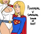 1girl 2_girls belt big_breasts blonde_hair blue_eyes breast_envy breasts cape cleavage cleavage_cutout clothing clothing_cutout dc_comics english_text frank_draws head_out_of_frame high_resolution leotard looking_at_viewer multiple_girls power_girl short_hair supergirl superhero text white_background