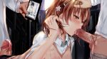 1girl 2boys adjusting_hair blush brown_eyes brown_hair cum cum_in_mouth fellatio group_sex hair_ornament hairpin hetero kamijou_touma misaka_mikoto misako12003 multiple_boys multiple_penises oral penis school_uniform short_hair smartphone solo_focus sweater_vest to_aru_kagaku_no_railgun to_aru_majutsu_no_index tongue tongue_out uncensored