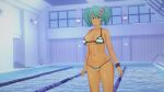 16:9 1girl anime before_sex big_breasts bikini breasts female_focus green_hair hentai ikkitousen indoors looking_at_viewer medium_hair open_eyes ponytail pool ryofu_housen solo_female solo_focus standing striped_bikini striped_panties water