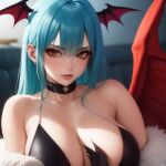  1girl ai_generated almost_nude bat_wings big_breasts blue_hair darkstalkers female_only head_wings looking_at_viewer morrigan_aensland solo_female upper_body vampire_savior 