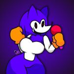  big_ass big_breasts big_thighs black_eyes female_sonic friday_night_funkin friday_night_funkin_mod heart-shaped_pupils microphone needlemouse_(series) orange_gloves purple_background purple_fur sarah_(needlemouse) silly_face smiling sonic_the_hedgehog 