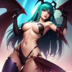  1girl ai_generated almost_nude bat_wings big_breasts bikini darkstalkers female_only green_hair head_wings looking_at_viewer morrigan_aensland solo_female vampire_savior 