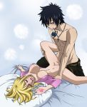 1boy 1girl artist_name black_hair blonde_hair breasts closed_eyes clothed_sex fairy_tail female gray_fullbuster hair happy_sex large_breasts lucy_heartfilia male milady666 missionary mostly_nude sex spread_legs tattoo vaginal