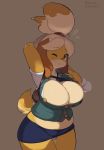 1girl 1girl accessory animal_crossing anthro belly big_breasts black_nose blonde_hair blush bottomwear breasts brown_background brown_ears brown_eyes canid canine canis cleavage clothed clothing curvy_figure domestic_dog eyebrow_through_hair eyebrows fur furry glistening glistening_body glistening_fur hair hair_accessory hand_behind_head headgear high_res honeycalamari isabelle_(animal_crossing) looking_at_viewer mammal miniskirt multicolored_body multicolored_fur navel neck_tie nintendo one_eye_closed open_mouth overweight overweight_anthro overweight_female panties raised_arm secretary shadow short_tail simple_background skirt standing tight_clothing translucent translucent_hair underwear video_games yawn yellow_body yellow_fur