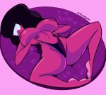  1girl afro alien artist_name atomickingboo big_breasts black_hair breasts cartoon_network female_only garnet garnet_(steven_universe) gem_(species) nipples panties pink_background red_skin self_wedgie solo_female solo_focus steven_universe sunglasses topless topless_female wedgie 