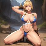  1girl alluring big_breasts blonde_hair blue_eyes bra cleavage milf nightcore_(artist) on_knees panties pin_up project_soul silf sophitia_alexandra soul_calibur soul_calibur_ii soul_calibur_iii soul_calibur_vi 