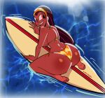 1girl ass atomickingboo beach bikini grin long_hair looking_at_viewer looking_back oc ocean original_character shaylynn_summer shiny shiny_skin side-tie_bikini smile solo_female solo_focus surfboard wide_hips