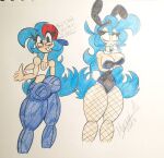  2023 alexcartoons2005 annoyed aqua_hair big_ass big_breasts blue_pants boyfriend_(friday_night_funkin) bunny_ears bunny_girl bunnysuit deviantart english_text female_boyfriend_(friday_night_funkin) flushed friday_night_funkin friday_night_funkin_mod looking_at_viewer red_hat sketch smiling_at_viewer traditional_media_(artwork) white_shirt 