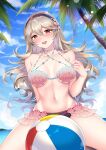  1girl 1girl alluring alternate_costume ball banglinh1997 beach_ball big_breasts bikini blush corrin_(fire_emblem) corrin_(fire_emblem)_(female) corrin_(summer)_(fire_emblem)_(female) fire_emblem fire_emblem_cipher fire_emblem_fates long_hair looking_at_viewer nintendo open_mouth open_smile red_eyes seaside shell_bikini smile solo_female summer swimsuit 