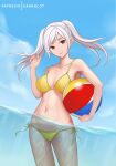  1girl alluring beach_ball beachball bikini dakkalot fire_emblem fire_emblem_awakening nintendo partially_submerged robin_(fire_emblem) robin_(fire_emblem)_(female) sea twin_tails water white_hair 