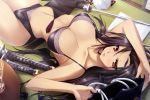  1girl absurdres appare!_tenka_gomen black_bra black_hair black_panties bra breasts cleavage crease hasegawa_taira helmet highres katagiri_hinata large_breasts long_hair lying navel on_back panties red_eyes scan solo sword underwear weapon 