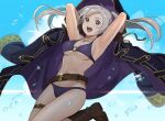 1girl alluring big_breasts bikini boots cleavage coat fire_emblem fire_emblem_awakening fire_emblem_heroes happy kyulog nintendo purple_bikini purple_swimsuit robin_(fire_emblem) robin_(fire_emblem)_(female) robin_(summer)_(fire_emblem)_(female) swimsuit underboob water white_hair