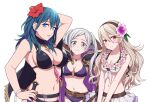  3girls alluring bare_arms bare_midriff bare_shoulders belt big_breasts bikini bikini_skirt black_bikini black_swimsuit blue_eyes breast_size_difference breasts byleth_(fire_emblem)_(female) cleavage corrin_(fire_emblem)_(female) corrin_(summer)_(fire_emblem)_(female) female_only fire_emblem fire_emblem:_three_houses fire_emblem_awakening fire_emblem_fates fire_emblem_heroes flower flower_in_hair grey_eyes grin hair_flower hair_ornament hairband hibiscus hiyori_(rindou66) looking_at_viewer medium_breasts multiple_girls navel nintendo o-ring o-ring_bikini parted_lips pose posing purple_bikini purple_flower purple_swimsuit red_eyes red_flower robin_(fire_emblem)_(female) robin_(summer)_(fire_emblem)_(female) sideboob simple_background small_breasts smile smiling_at_viewer swimsuit teal_hair twin_tails white_background white_bikini white_hair 