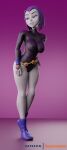 1girl 3d belt big_breasts blender bodysuit boots dc_comics erect_nipples erect_nipples_under_clothes goth grey_skin legs leotard nipples purple_hair raven_(dc) skin_tight supercasket teen_titans young_adult