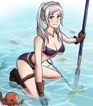 1girl 1girl alluring alternate_costume beach belt bikini brown_eyes cleavage female_only fire_emblem fire_emblem_awakening fire_emblem_heroes fish fishing_net gloves holding_object kneel long_hair looking_at_viewer necklace net nintendo o-ring o-ring_bikini ocean octopus partially_submerged purple_bikini purple_swimsuit robin_(fire_emblem) robin_(fire_emblem)_(female) robin_(summer)_(fire_emblem)_(female) smile source_request swimsuit swimwear thigh_strap trident twin_tails under_boob vallurite water wet white_hair