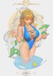  1girl alluring big_breasts bikini blonde_hair breasts cleavage flower highleg highleg_swimsuit ickpot lips long_hair one-piece_swimsuit project_soul sophitia_alexandra soul_calibur soul_calibur_ii soul_calibur_iii soul_calibur_vi swimsuit water 