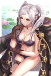 1girl 1girl alluring alternate_costume bikini black_coat breasts brown_eyes brown_gloves cleavage cloak closed_mouth coat collarbone elbow_rest fire_emblem fire_emblem_awakening fire_emblem_heroes from_above gloves gonzarez high_res hood hooded_cloak jewelry lily_pad long_hair looking_ahead medium_breasts navel o-ring o-ring_bikini pendant purple_bikini purple_swimsuit robin_(fire_emblem) robin_(fire_emblem)_(female) robin_(summer)_(fire_emblem)_(female) sidelocks silver_hair sitting swimsuit thigh_strap twin_tails water wet