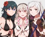 3girls alluring alternate_costume bangs belt belt_buckle big_breasts bikini black_bikini black_coat black_hairband black_swimsuit blue_eyes blush breasts brown_belt brown_eyes brown_gloves buckle byleth_(fire_emblem) byleth_(fire_emblem)_(female) byleth_(summer)_(fire_emblem)_(female) cleavage closed_mouth coat coat_on_shoulders collarbone commentary_request corrin_(fire_emblem) corrin_(fire_emblem)_(female) corrin_(summer)_(fire_emblem)_(female) dagger expressionless fire_emblem fire_emblem:_three_houses fire_emblem_awakening fire_emblem_fates fire_emblem_heroes flower flower_necklace gloves grey_background grey_hair hair_between_eyes hair_flower hair_ornament hairband hibiscus high_res hood hood_down hooded_coat jewelry knife long_hair looking_at_viewer medium_breasts multiple_girls navel necklace nintendo o-ring o-ring_top official_alternate_costume open_mouth own_hands_together peach11_01 pink_flower pointy_ears purple_bikini purple_swimsuit red_eyes red_flower robin_(fire_emblem) robin_(fire_emblem)_(female) sheath sheathed simple_background smile swimsuit tassel teal_hair teeth trait_connection twin_tails twitter_username upper_body upper_teeth weapon white_bikini white_hair white_swimsuit