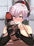 1girl bar_censor big_breasts black_bra black_gloves blush bra censored chokai2 cock_worship dark-skinned_male dark_skin fate/grand_order fate_(series) gloves handjob indoors light-skinned_female light_skin looking_at_penis male_pov miyamoto_musashi_(fate) mosaic_censoring netorare nose_blush ntr penis_awe penis_on_face penis_worship pov white_hair