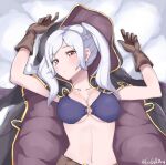 1girl alluring bikini fire_emblem fire_emblem_awakening fire_emblem_heroes gloves grimmelsdathird looking_at_viewer nintendo on_back red_eyes robin_(fire_emblem) robin_(fire_emblem)_(female) robin_(summer)_(fire_emblem)_(female) twin_tails white_hair