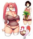 2girls bird black_hair breasts chicken choker cleavage female flat_chest groin highschool_of_the_dead hotline_miami huge_breasts jacket_(hotline_miami) leon_the_professional long_hair mathilda_lando mound_of_venus multiple_girls panties pink_hair plant pun richard_(hotline_miami) short_hair shorts simple_background takagi_saya thighhighs twintails underwear visual_pun white_background white_legwear zako_(arvinry)