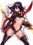 1girl belly black_hair black_legwear blue_hair blush breasts cameltoe covered_nipples elbow_gloves erect_nipples female fumio_(rsqkr) gloves hair kill_la_kill living_clothes matoi_ryuuko midriff multicolored_hair navel red_hair revealing_clothes scissor_blade senketsu short_hair skirt solo sword thighhighs thighs underboob weapon