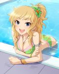 1girl :d annindoufu_(oicon) arm_support armlet arms artist_request bangs bare_shoulders bent_over bikini blonde_hair blue_eyes bracelet breast_rest breasts cleavage collarbone female floor hair_ornament hands idolmaster jewelry long_hair long_image looking_at_viewer lots_of_jewelry necklace official_art ootsuki_yui open_mouth partially_submerged payot pendant ponytail pool poolside print_bikini scrunchie shiny shiny_hair smile solo star_print swimsuit tall_image teeth water wavy_hair wet wristband