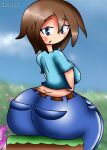 ass ass_cleavage big_ass big_breasts blue_eyes breasts brown_hair butt_crack clothed clothing dr.bug giygal grass_block huge_ass looking_at_viewer looking_back minecraft stella_(sissteve)