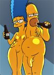 blue_hair breasts erect_nipples homer_simpson marge_simpson nude penis shaved_pussy the_simpsons thighs yellow_skin