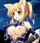 1girl animal_ears aqua_eyes armor bare_shoulders blonde_hair blush breasts bust dog_days fang female fingerless_gloves fox_ears fox_tail framed_breasts gauntlets gloves green_eyes hot large_breasts nipples open_clothes ponytail puffy_nipples shirt_lift solo tail tateha_(artist) upper_body yukikaze_panettone