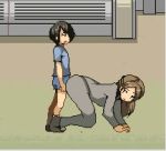 1boy 1girl animated animated_gif ass brown_hair buttjob female formal kariyume looking_back lowres office_lady penis pixel_art suit zinger_(excess_m)