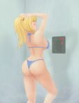 1girl alluring ass ass_cleavage big_ass big_breasts bikini blonde_hair blue_bikini breasts butt_crack in_shower metroid nintendo ponytail saf-404 safartwoks safartworks samus_aran shower switch thong