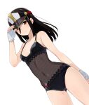  1girl alluring bare_legs bikini brown_eyes brown_hair cleavage fingerless_gloves hat madanai_(morisumeshi) morag_ladair nintendo one-piece_bikini xenoblade_(series) xenoblade_chronicles_2 